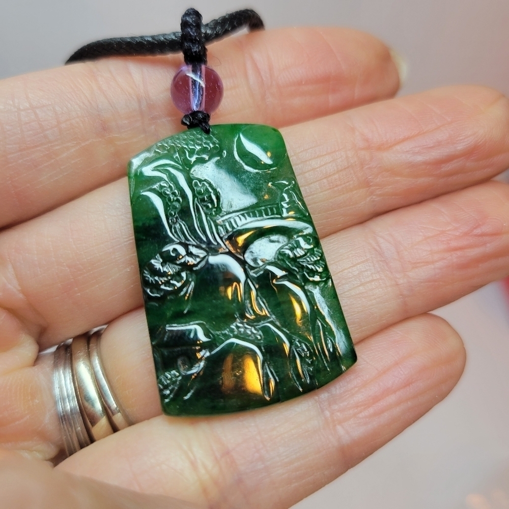 Jade natural grade A carved engraved square pendant necklace